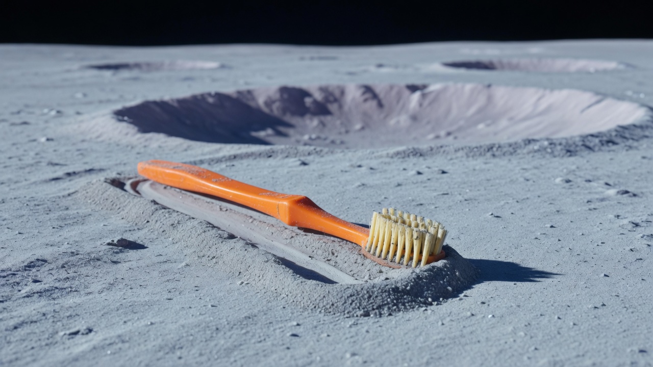 A toothbrush sweeping gray moon dust.